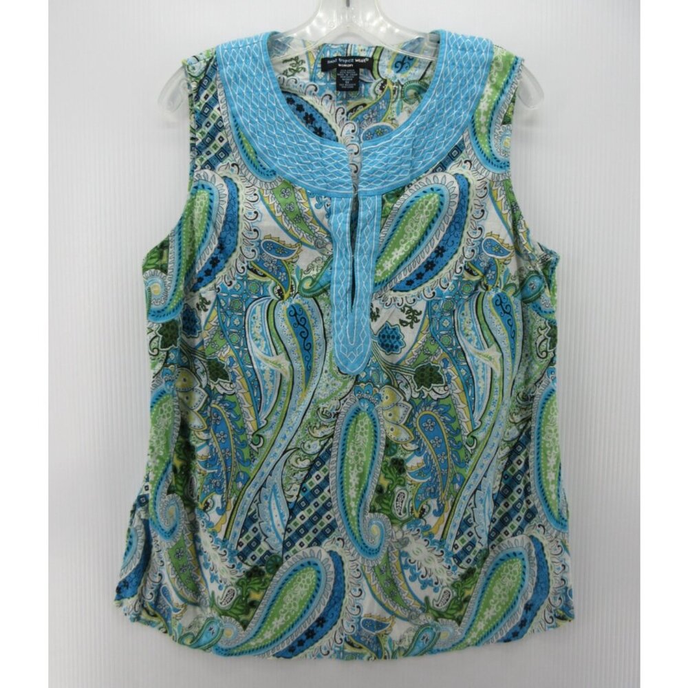 St Tropez West Top 1X Plus Linen Tank Paisley Boho Embroidered *